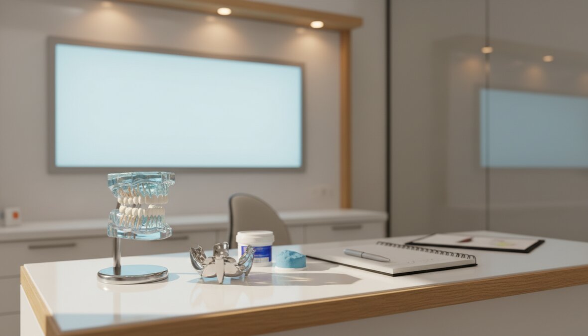 Dental consultation desk with anatomical model of teeth and jaw, impression tools, and clinician notebook